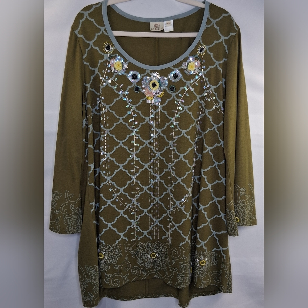 Embellished Beaded Olive Green Women's Tunic LA Blend Size XL Boho Festival
